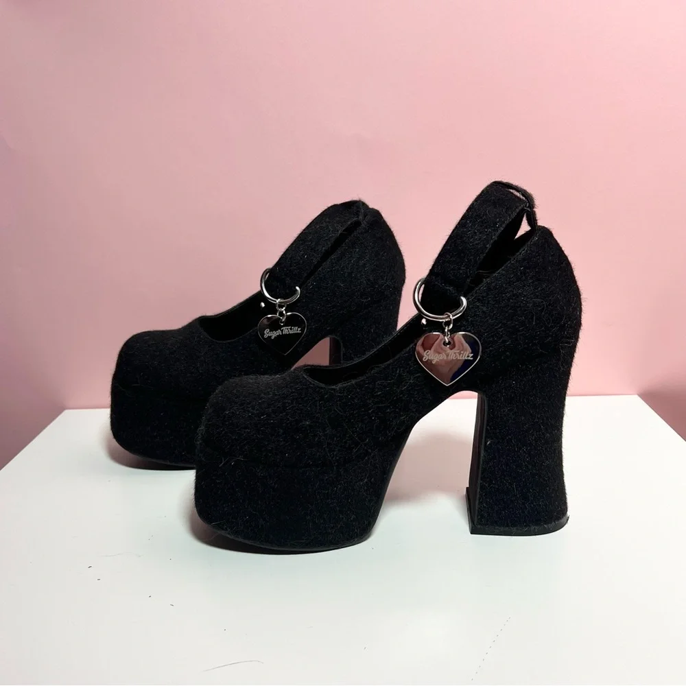 Y2k 2000s mcbling dollskill Sugar Trillz black fuzzy kitten platform heels